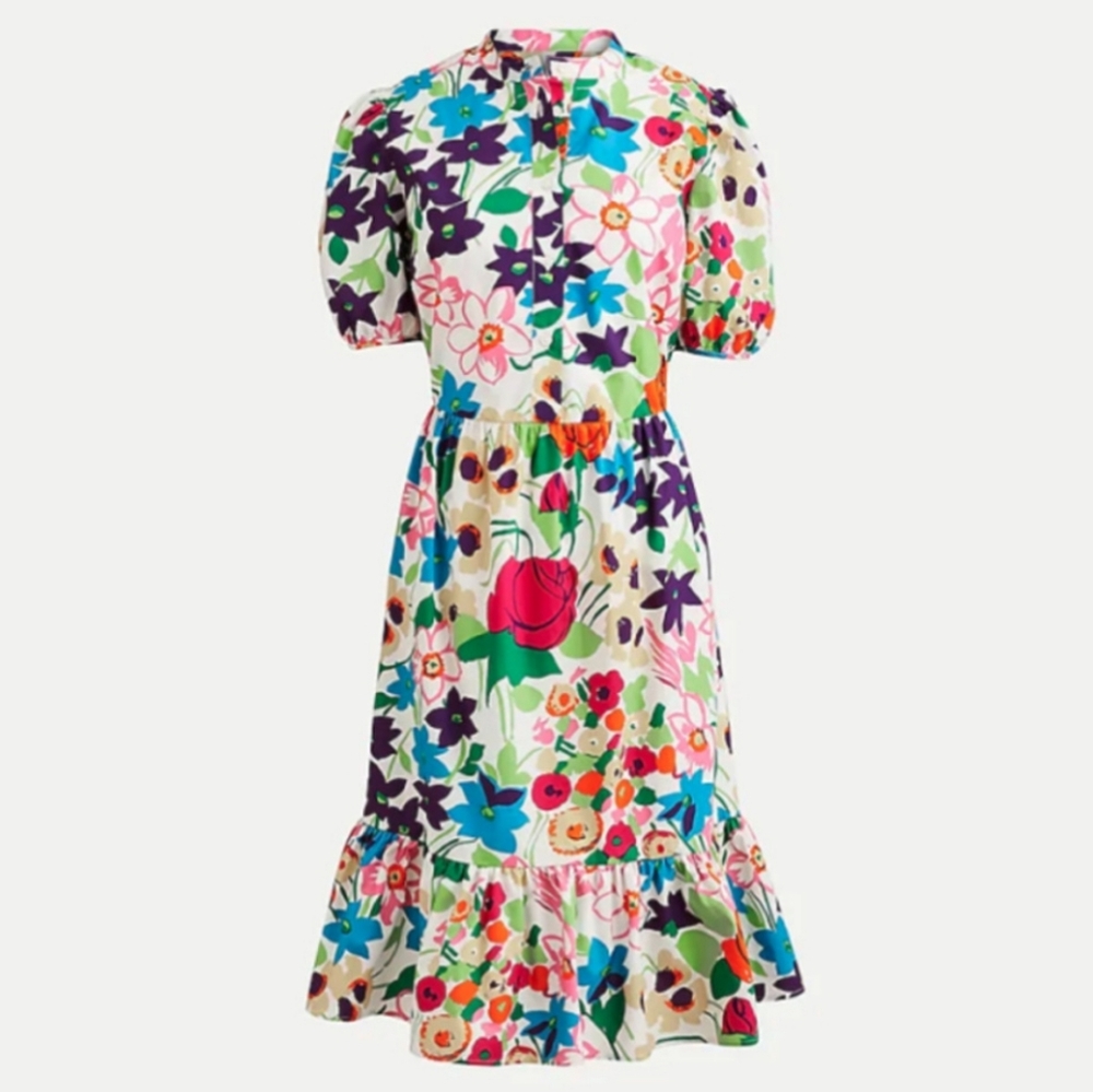 J. Crew Puff Sleeve Dress in Vibrant Garden Print Size 6 - Picture 2 of 11